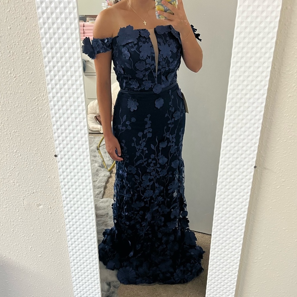 Navy Blue 3D Floral Lace Mermaid Formal Gown | Prom & Evening Dress